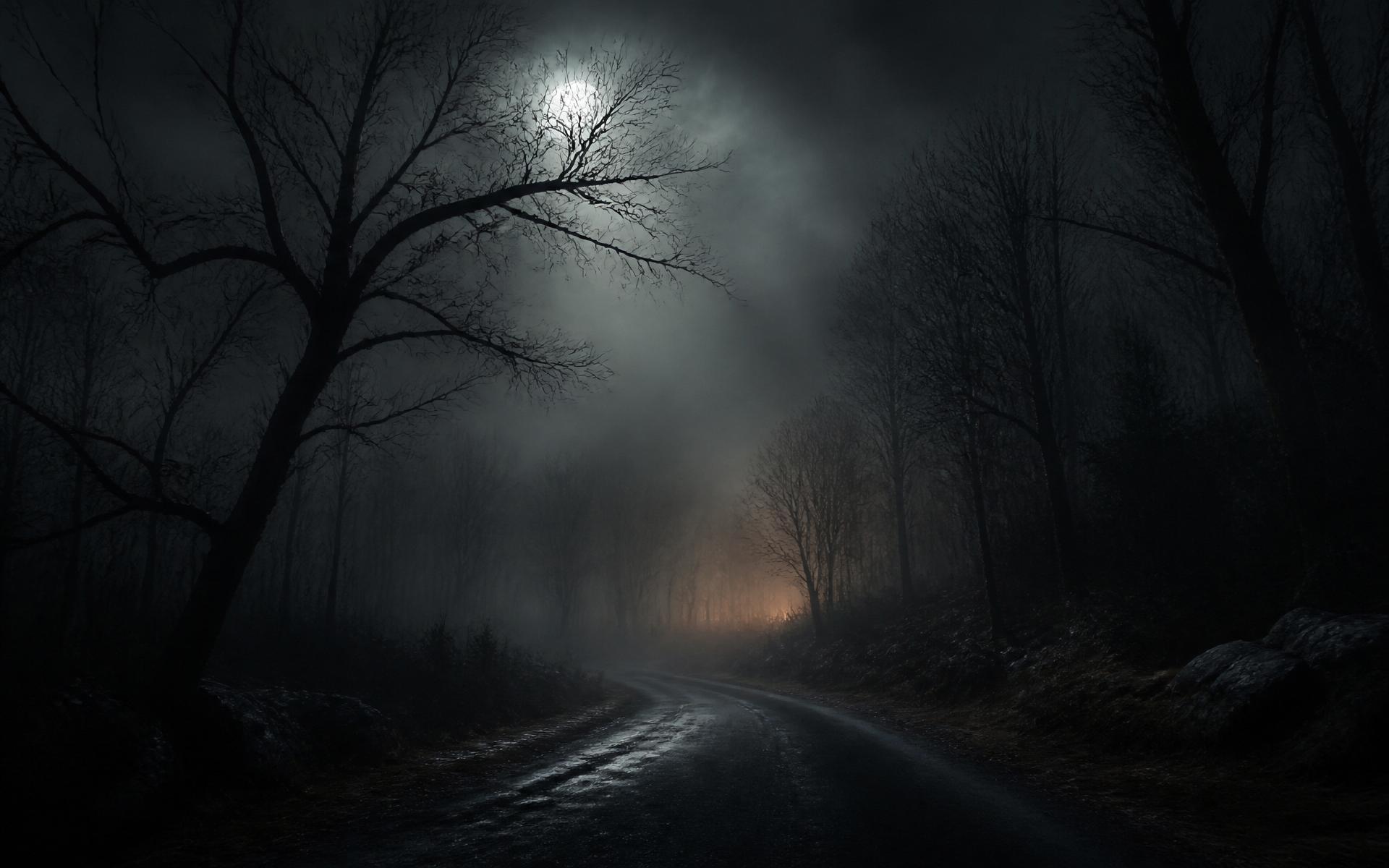 A fog-shrouded road disappearing into a dark forest at night